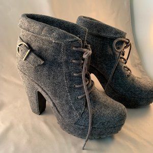 Gray Tweed Thick Sole Heeled Booties